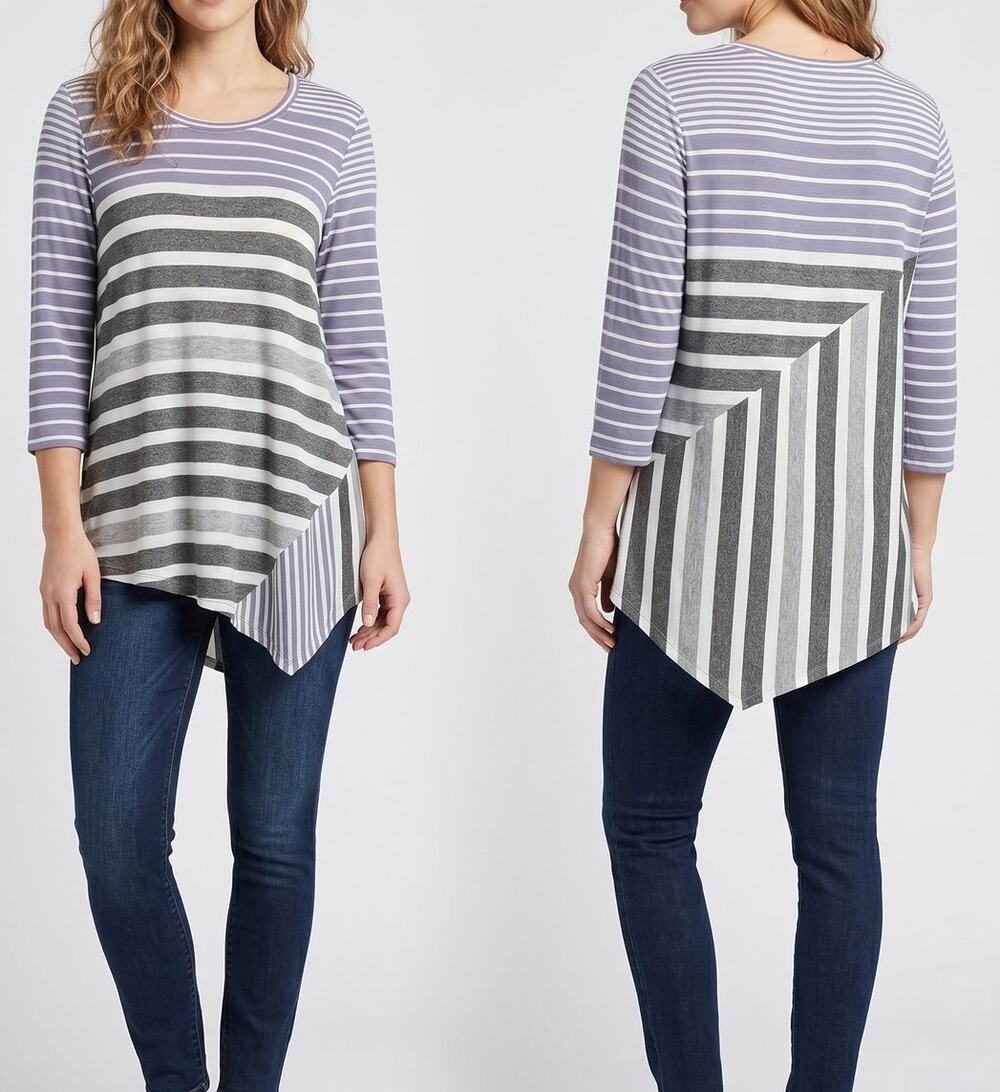 dressbarn Sunday Womens Large Striped Asymetrical Hem 3/4 Sleeve Top